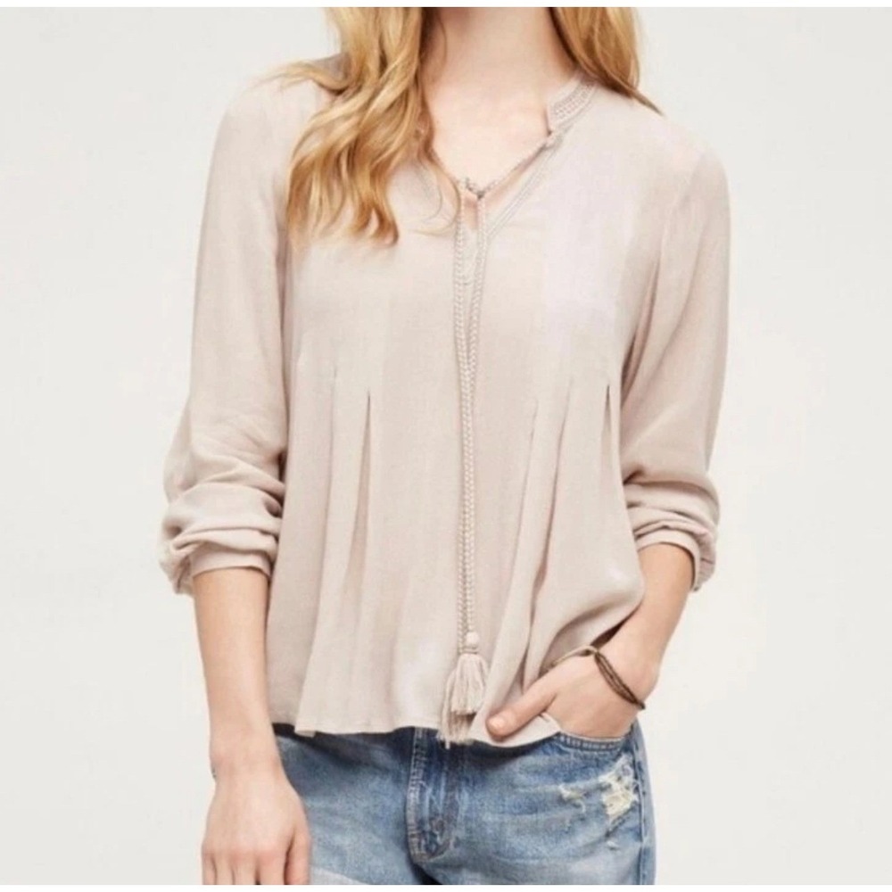 Anthropologie Floreat Womens Top Size 0 Tie Neck Long Sleeve Blouse Taupe Beige
